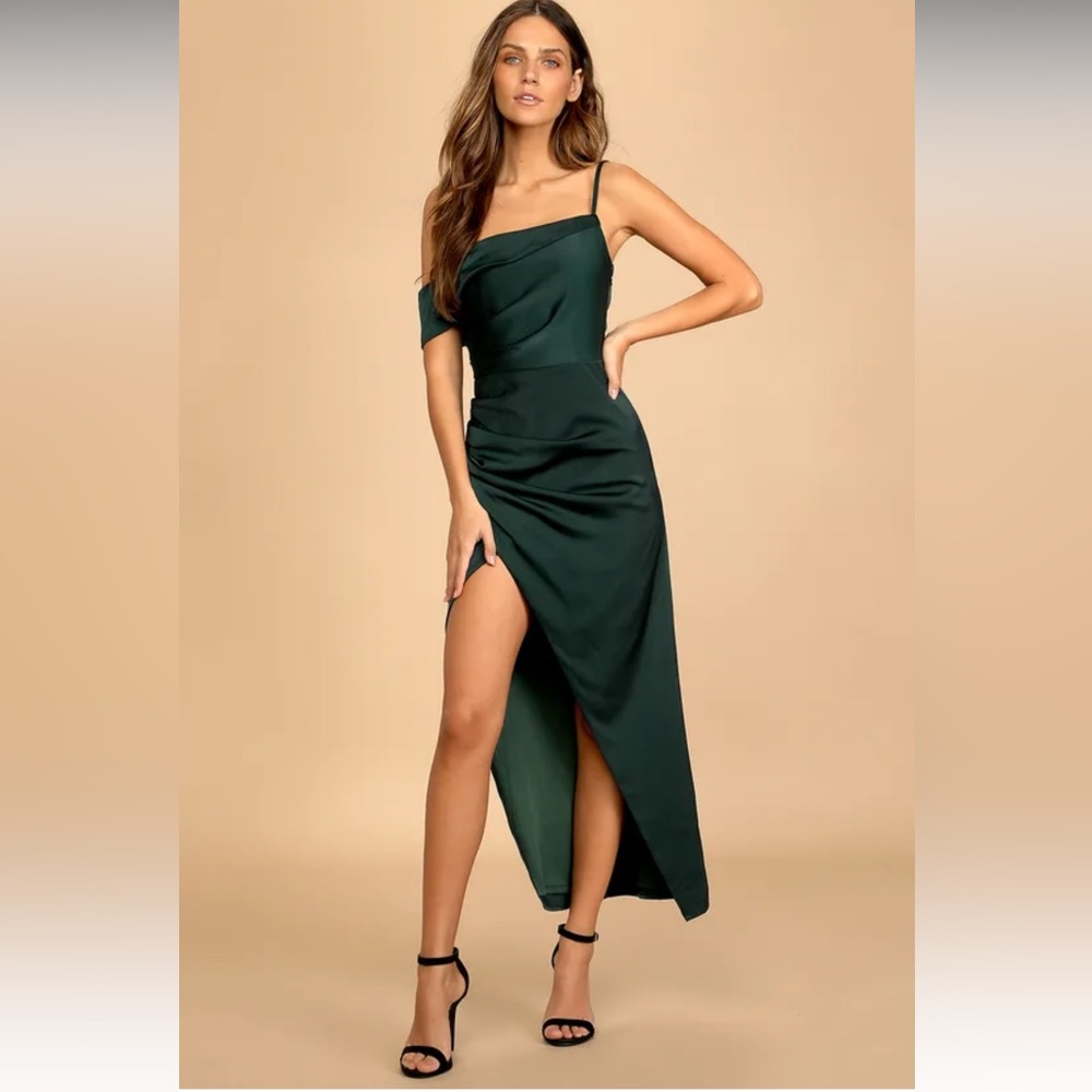 Showing off a little Dark Green Asymmetrical Tulip Midi Dress
